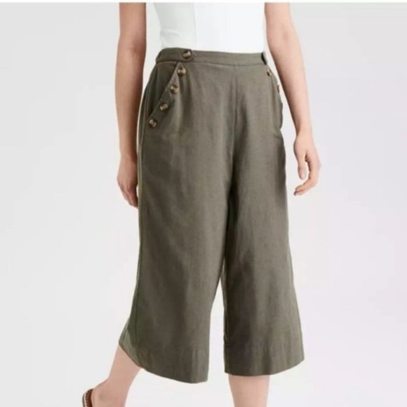 American eagle Olive Green Sailor button Wide leg cropped cotton linen pants  S - Picture 1 of 8